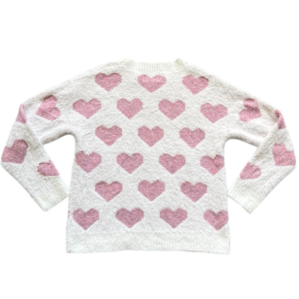 NWT Absolutely Small Fuzzy Crew Neck Pink and White Heart Sweater With Pearls - Picture 3 of 7